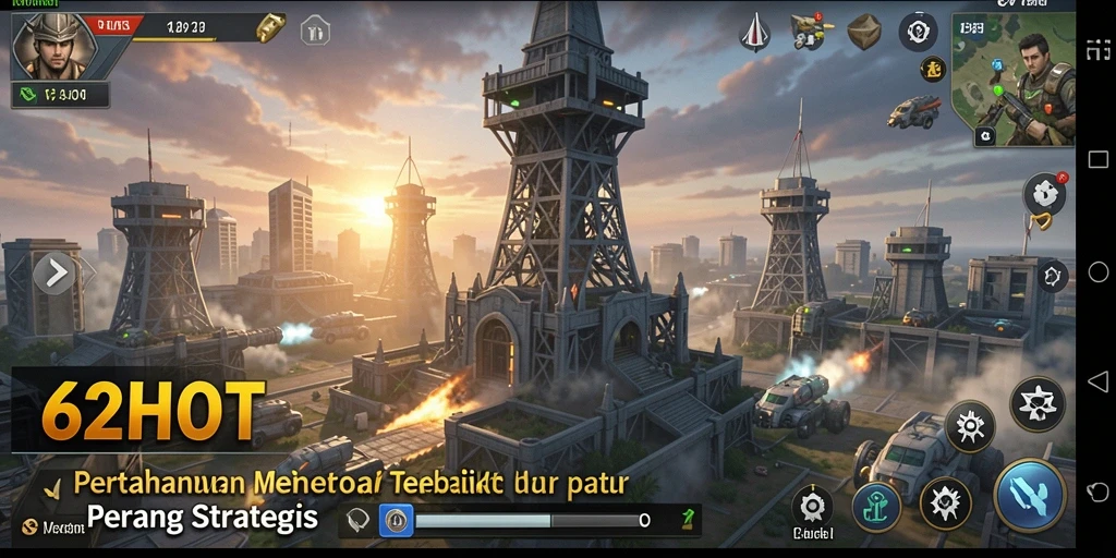 Tampilan gameplay 62HOT dengan menara dan musuh yang beragam.