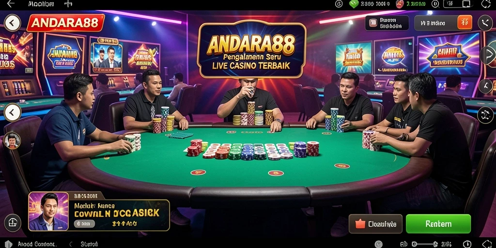 Screenshot gameplay ANDARA88 menampilkan dealer langsung dan suasana kasino nyata.