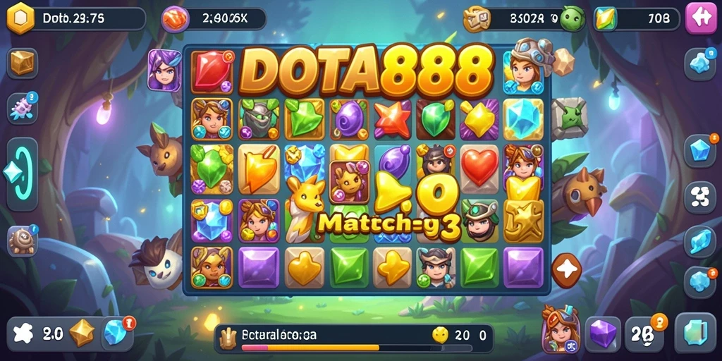 Screenshot DOTA88 menampilkan gameplay Match-3 yang menarik dan penuh warna.