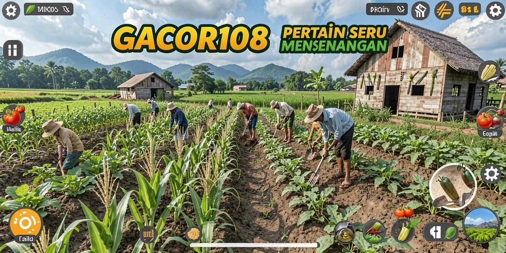 Screenshot gameplay GACOR108 menunjukkan ladang pertanian yang subur dan berwarna-warni.