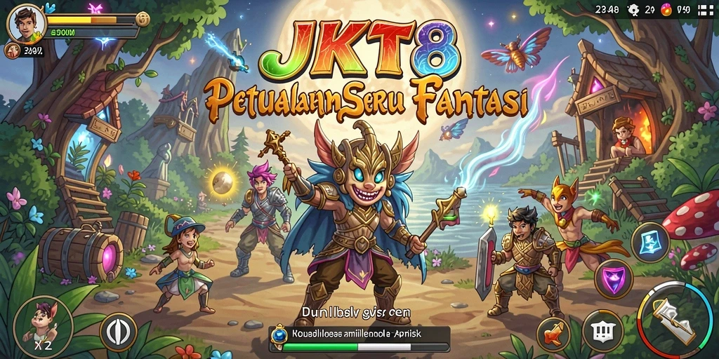 Tangkapan layar utama JKT8 menampilkan aksi seru dalam menjelajahi dunia petualangan.