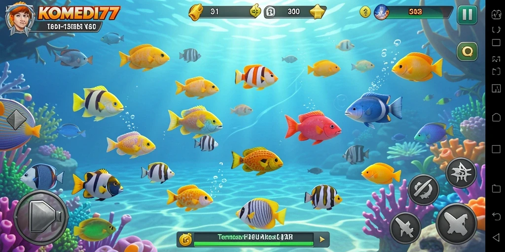 Tampilan gameplay <strong>KOMEDI77</strong> dalam menangkap ikan yang beragam.
