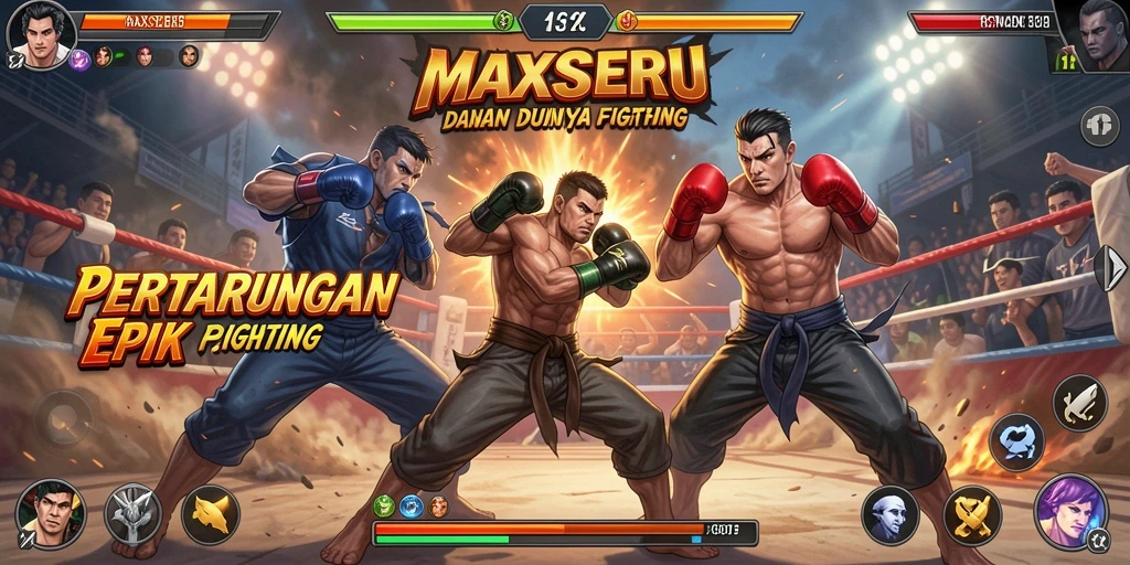 Screenshot gameplay MAXSERU dengan pertarungan menarik antara karakter.