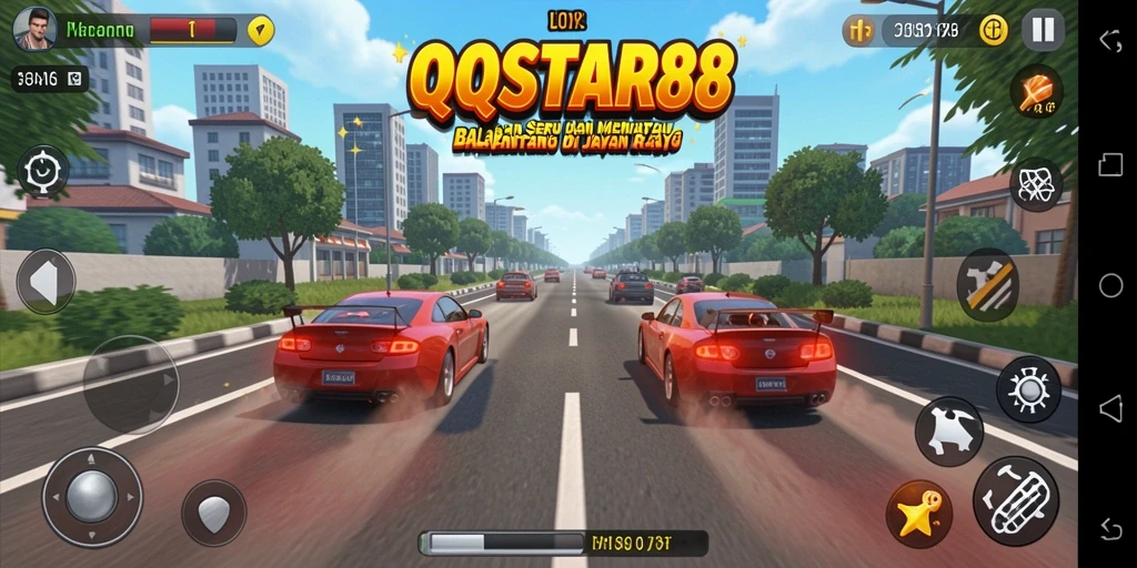Screenshot gameplay QQSTAR88 dengan mobil balap di lintasan menegangkan.