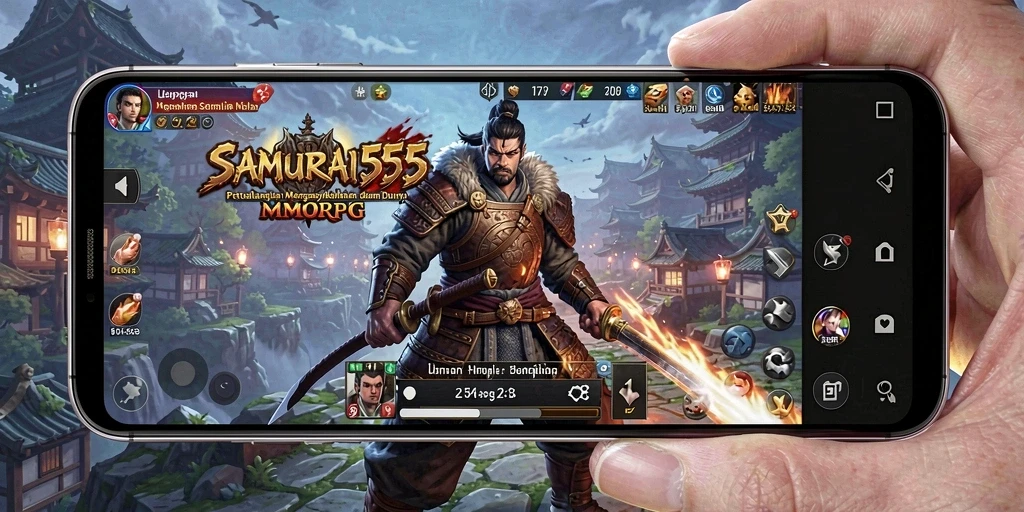 Screenshot gameplay MMORPG SAMURAI555 yang menampilkan pertarungan sengit.
