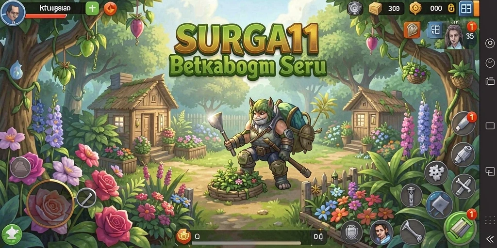 Tangkapan layar SURGA11 yang menunjukkan ladang hijau subur dan aktivitas pertanian.